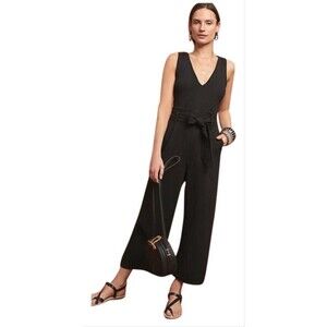 Anthropologie Women Cathy V-Neck Sleeveless Jumpsuit Sz S Black Belted Crop Boho